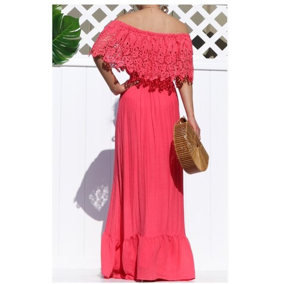 Boho Coral Off Shoulder Crochet Ruffle Maxi Dress - Picture 4 of 5